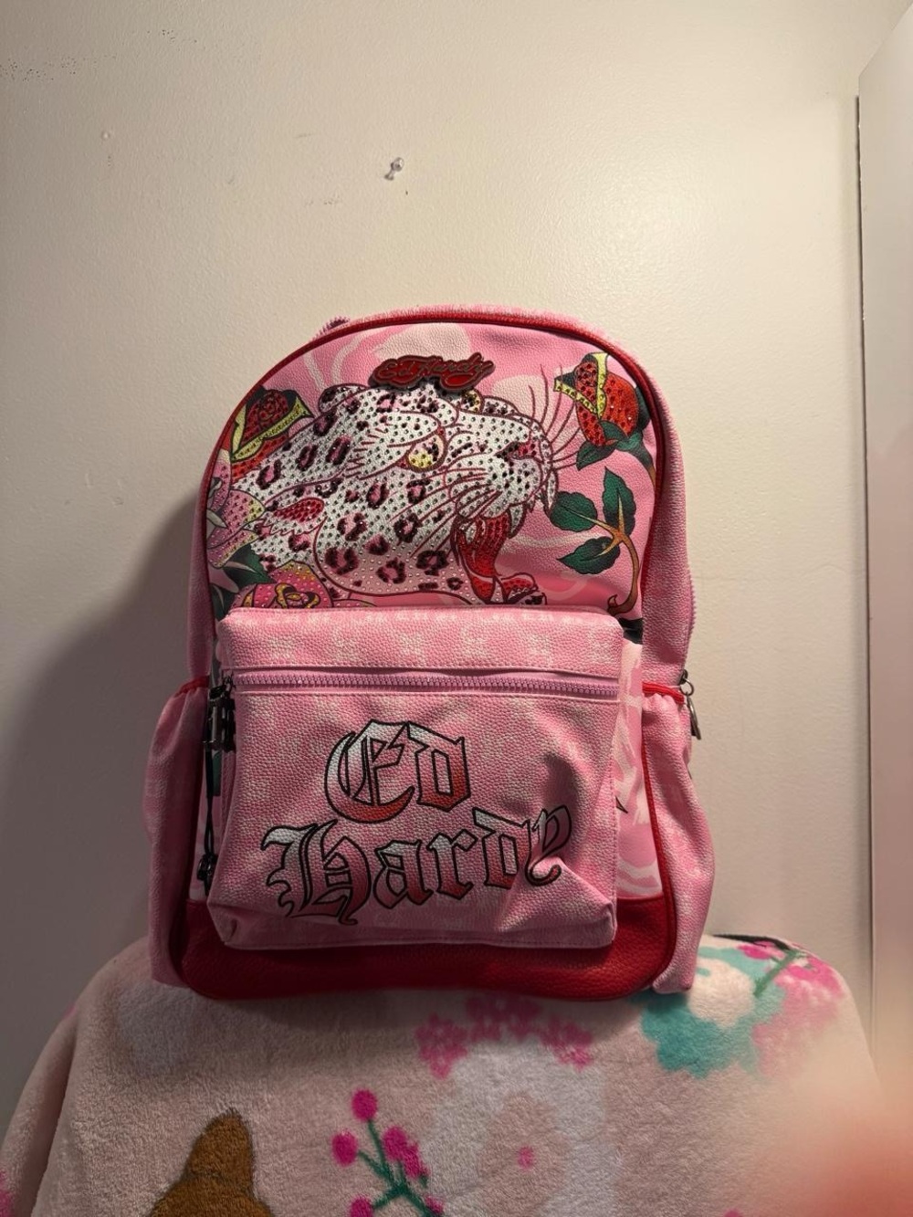 Ed Hardy Backpack Pink Rhinestone Tiger Roses Bling